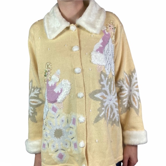 Vintage Sweaters - Vintage Storybook Knits Angel Sweater Size Large Yellow Cardigan